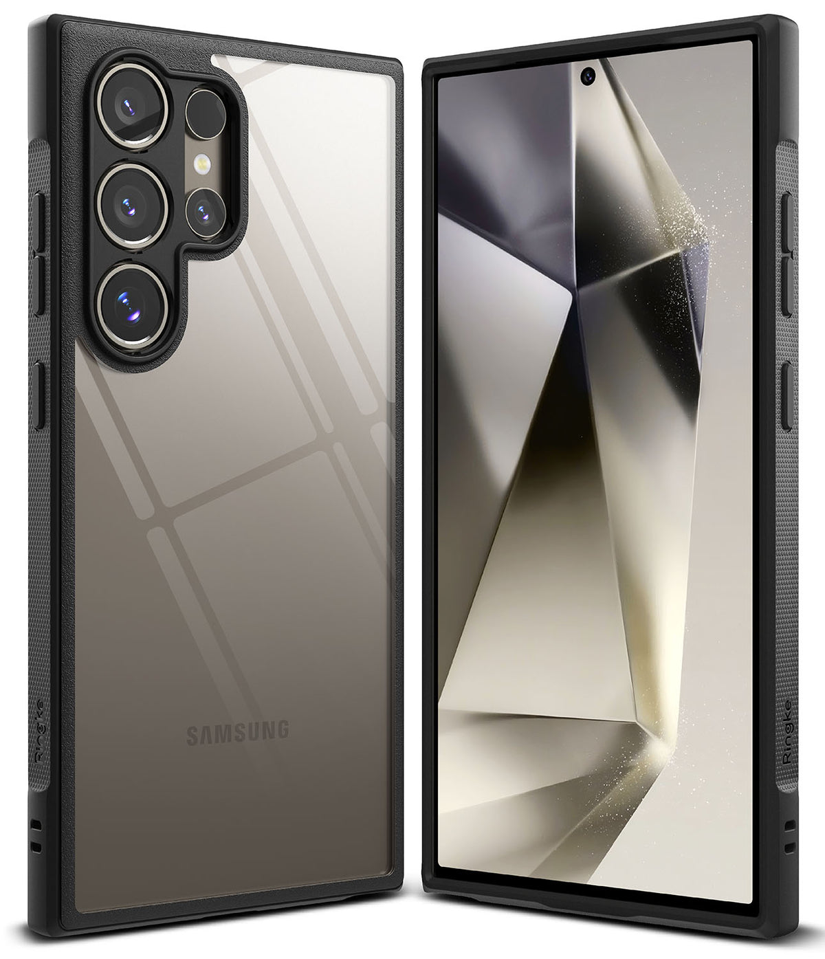 Galaxy S24 Ultra Case | Fusion Bold - Front and back view of a black phone case with a clear back on a smartphone.