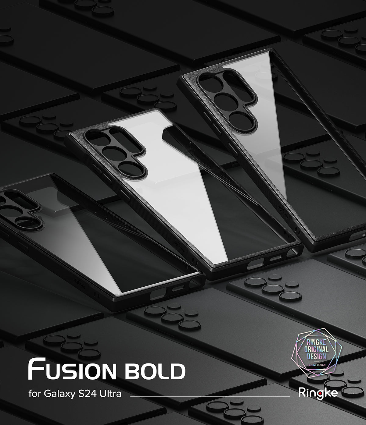Galaxy S24 Ultra Case | Fusion Bold - Two clear phone cases with black frames arranged on a grid of black phone backs.