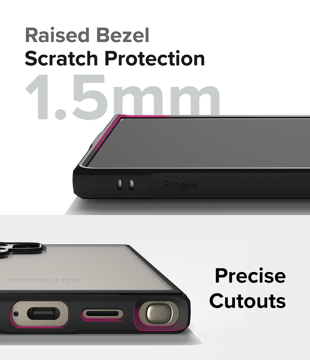 Galaxy S24 Ultra Case | Fusion Bold - Close-up of phone case showing 1.5mm raised bezel protection and precise port cutouts.