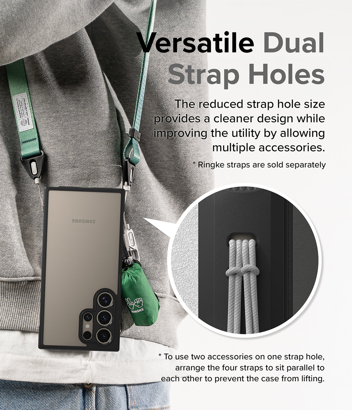 Galaxy S24 Ultra Case | Fusion Bold - Phone case with dual strap holes attached to a green lanyard and accessory.