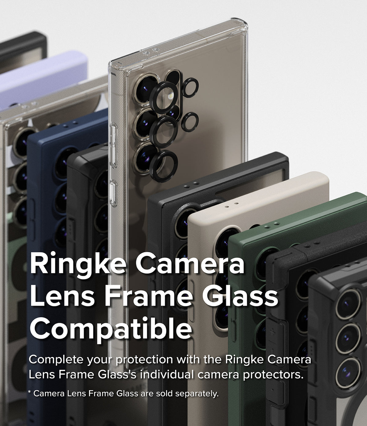 Galaxy S24 Ultra Case | Fusion Bold - Stacked Galaxy S24 Ultra phones in various cases with individual camera lens protectors.