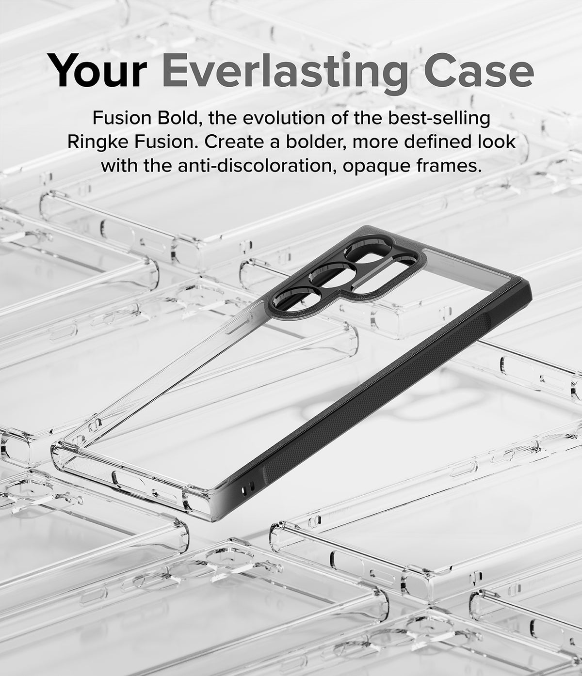 Galaxy S24 Ultra Case | Fusion Bold - A clear phone case with a black frame resting on a grid of identical cases.