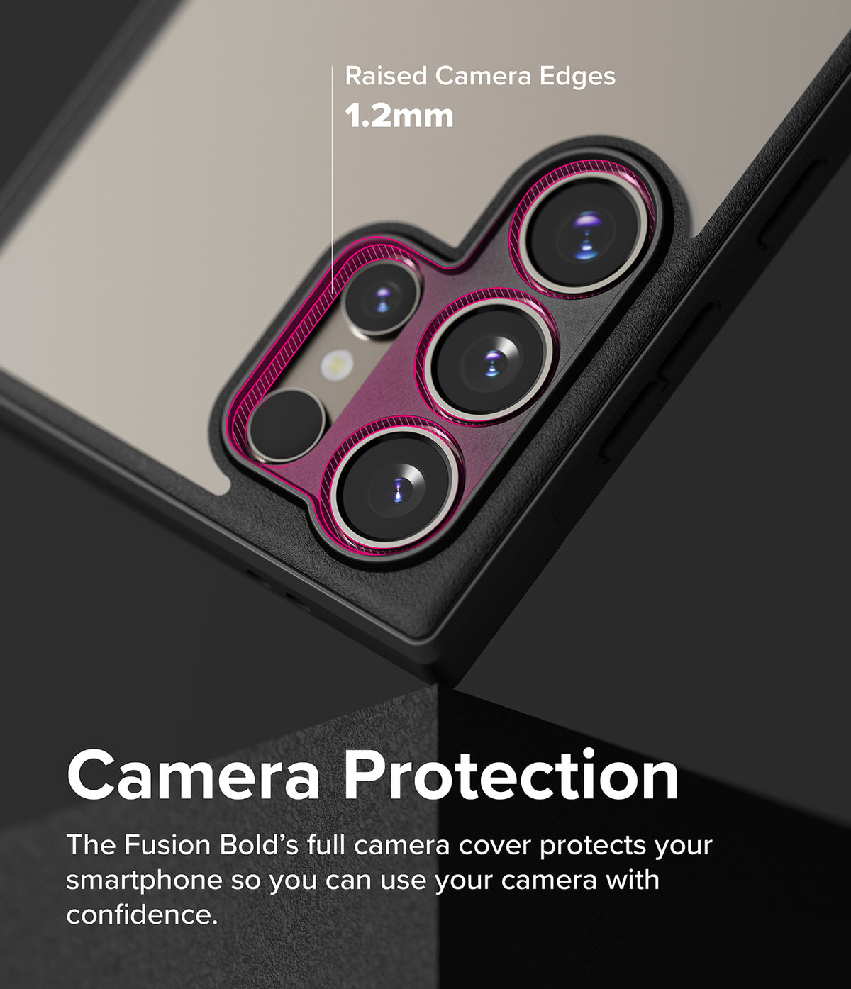 Galaxy S24 Ultra Case | Fusion Bold - Close-up of phone case showing 1.2mm raised camera edges for lens protection.