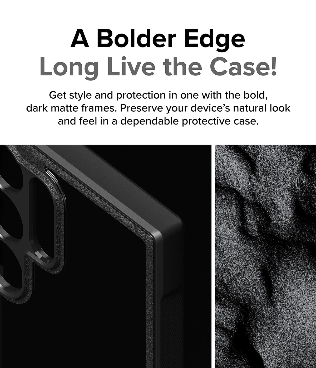 Galaxy S24 Ultra Case | Fusion Bold - Close-up of a matte black phone case edge next to a textured, dark sand-like surface.