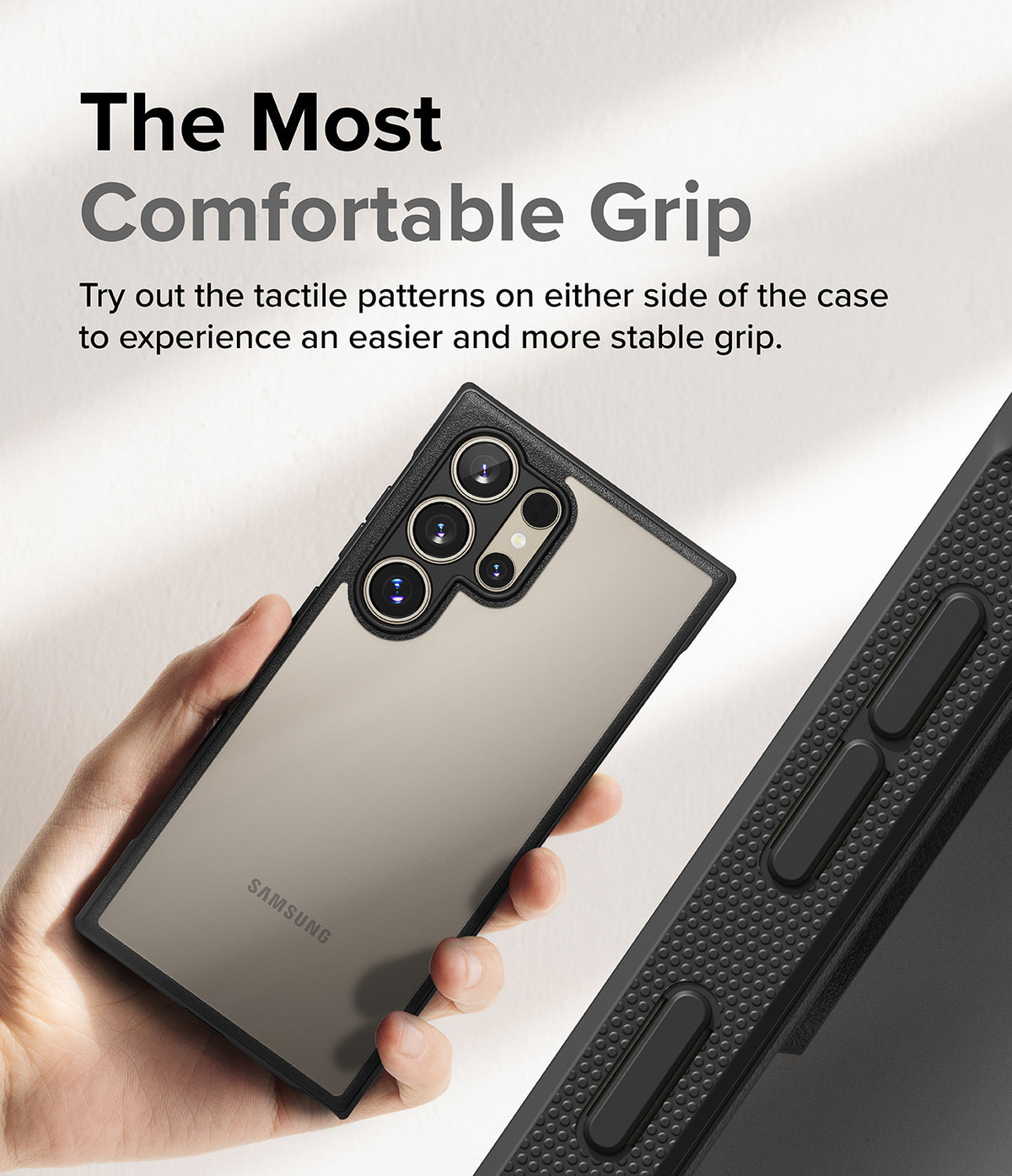 Galaxy S24 Ultra Case | Fusion Bold - Hand holding a phone in a black case with textured side grips for stability.