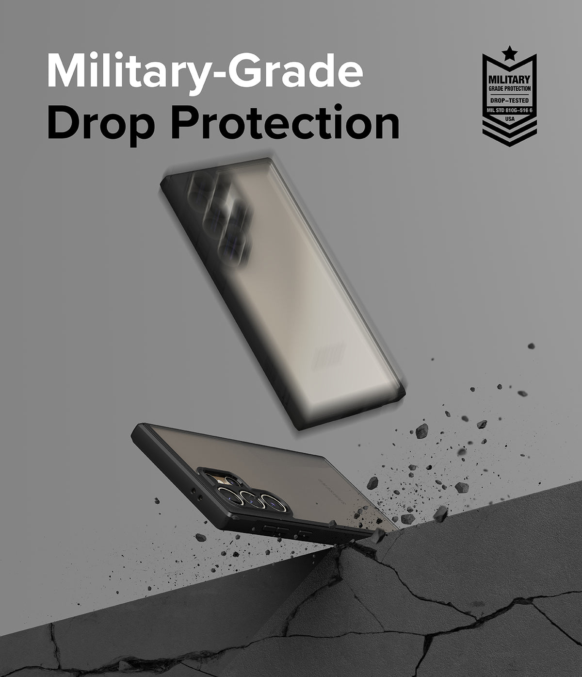 Galaxy S24 Ultra Case | Fusion Bold - A phone in a protective case hitting a cracked surface with debris flying.