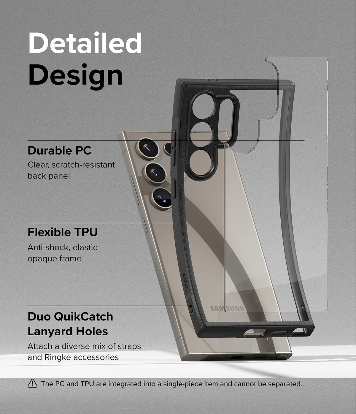 Galaxy S24 Ultra Case | Fusion Bold - Exploded view showing clear PC back, black TPU frame, and lanyard holes on a phone.