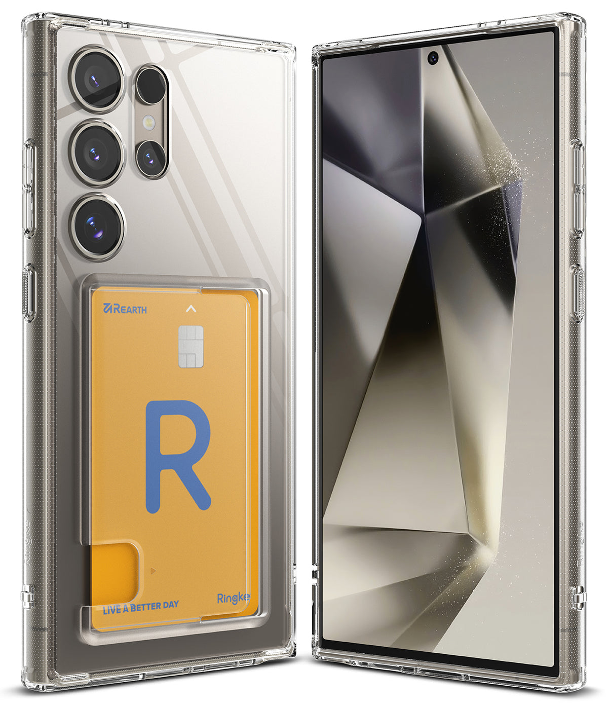 Galaxy S24 Ultra Case | Fusion Card - Clear phone case with a yellow card holder on the back and a front screen view.