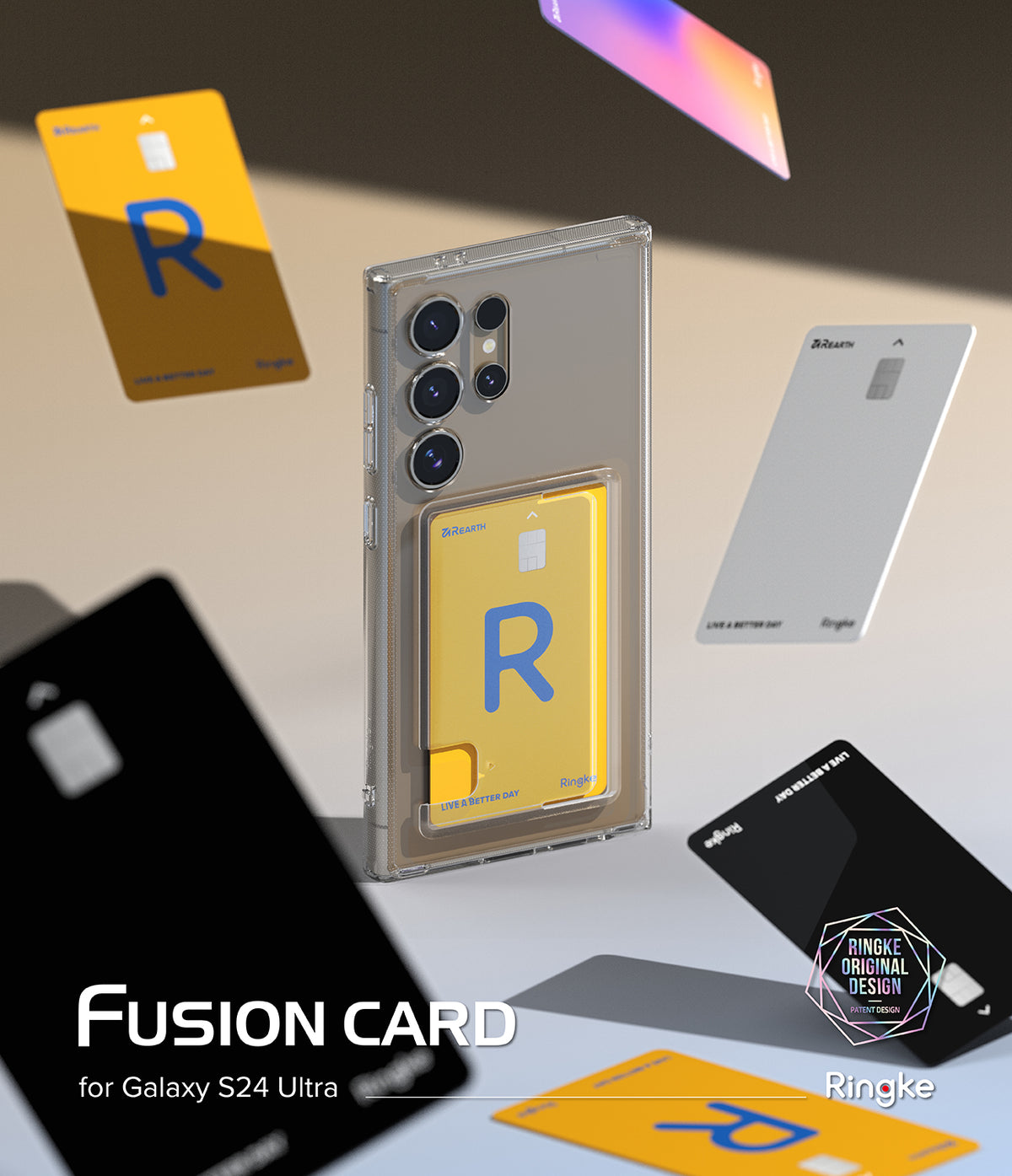 Galaxy S24 Ultra Case | Fusion Card - Clear phone case holding a yellow card, surrounded by floating credit cards.