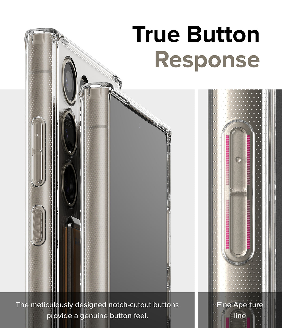 Galaxy S24 Ultra Case | Fusion Card - Close-up of clear phone case buttons with notch-cutout design for responsive tactile feedback.