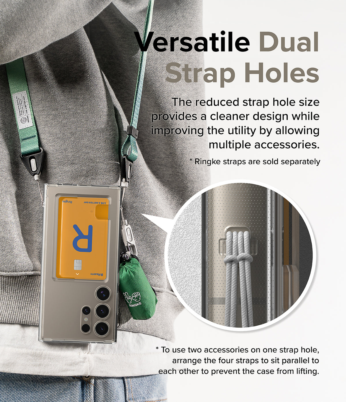 Galaxy S24 Ultra Case | Fusion Card - A phone case with dual strap holes holding a card and accessories via lanyards.