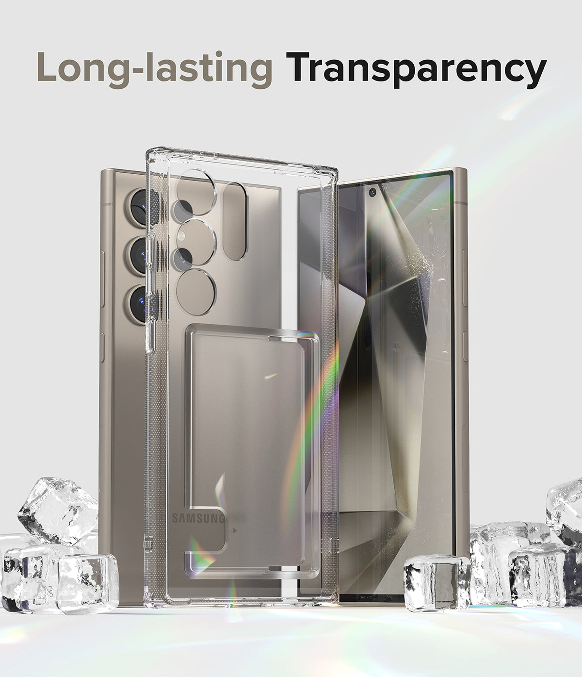 Galaxy S24 Ultra Case | Fusion Card - Clear phone case with card slot on a Galaxy S24 Ultra surrounded by ice cubes.
