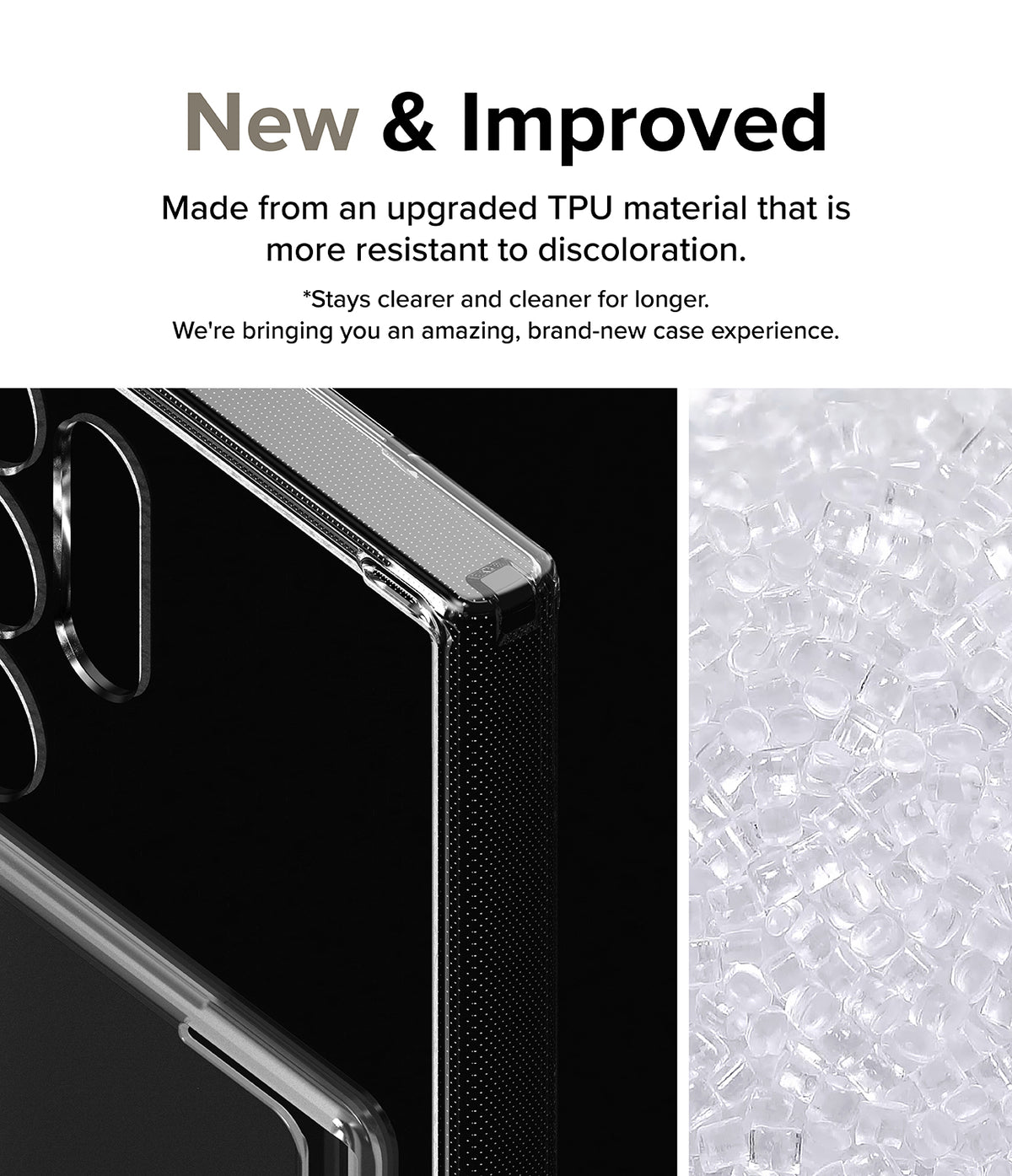 Galaxy S24 Ultra Case | Fusion Card - Close-up of a clear phone case edge next to a pile of raw TPU plastic pellets.