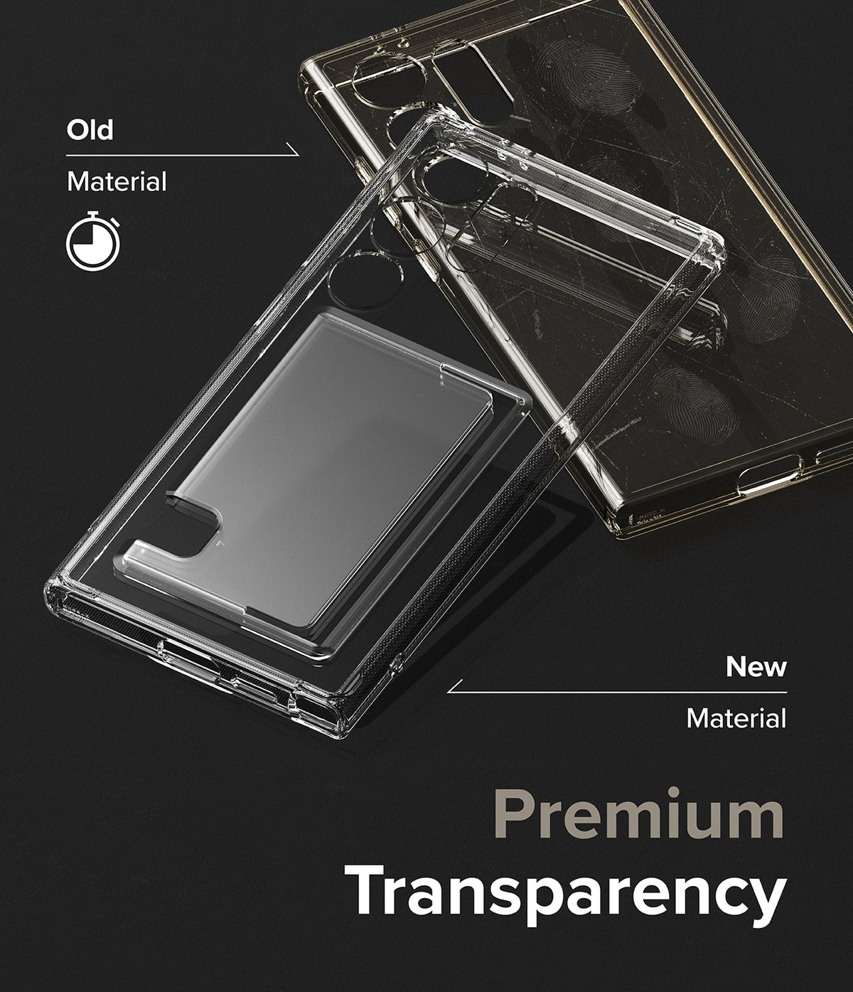 Galaxy S24 Ultra Case | Fusion Card - Comparison of a yellowed old phone case and a clear new premium material case.