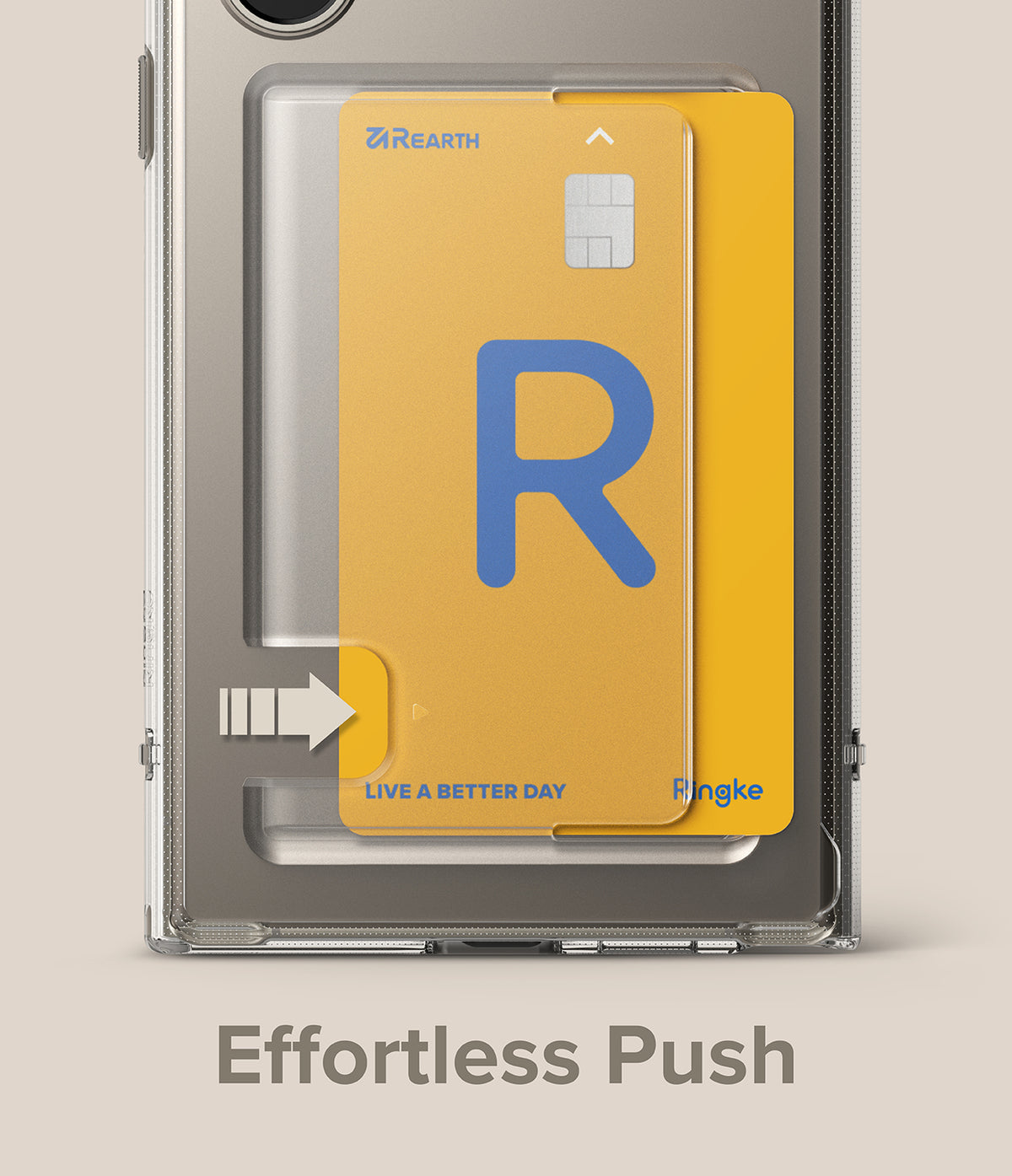 Galaxy S24 Ultra Case | Fusion Card - A yellow card being pushed into a clear phone case slot with an arrow icon.