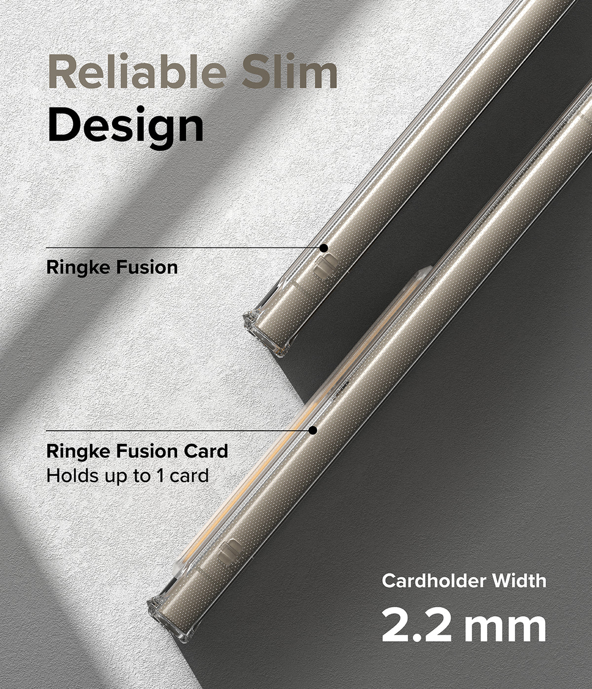Galaxy S24 Ultra Case | Fusion Card - Side view of two slim phone cases showing a 2.2mm cardholder slot for one card.