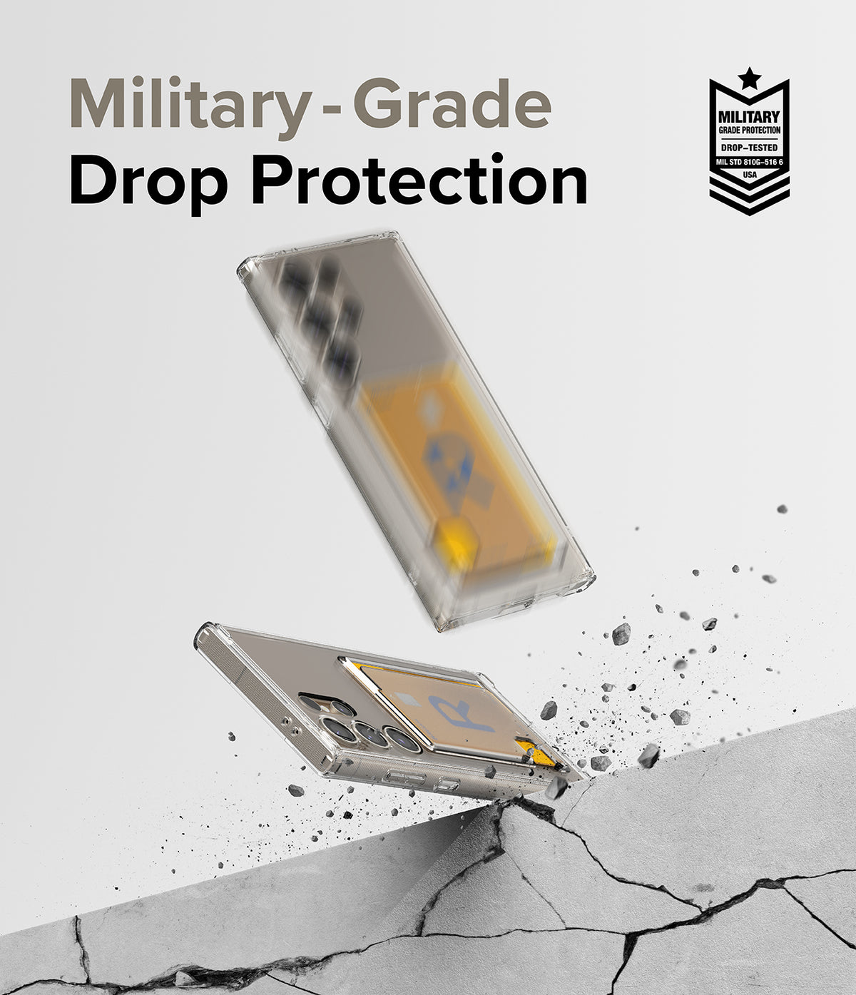 Galaxy S24 Ultra Case | Fusion Card - Clear phone case with card holder hitting a concrete surface with debris.