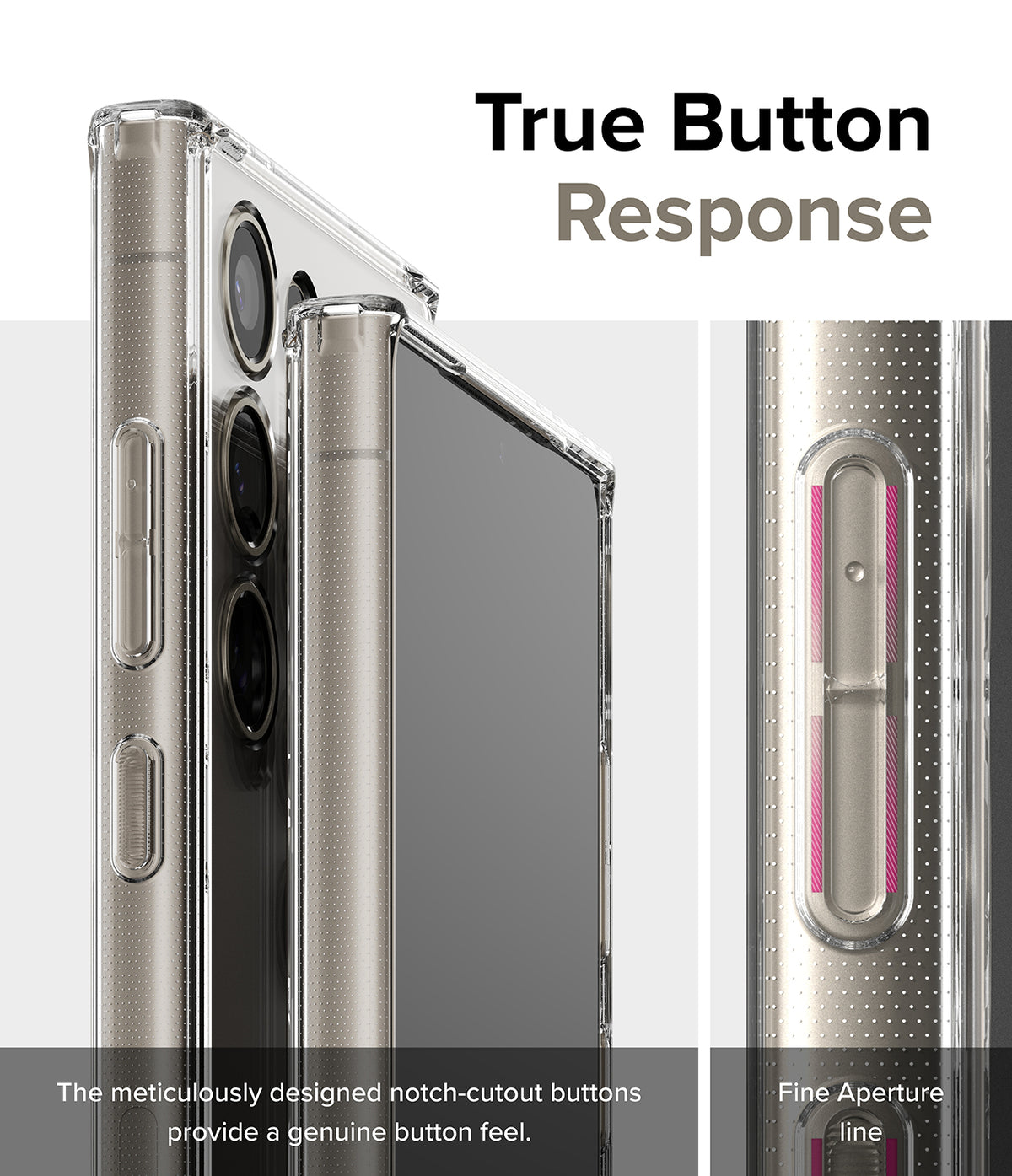 Galaxy S24 Ultra Case | Fusion - Close-up of clear phone case buttons with notch cutouts for tactile response and precision.
