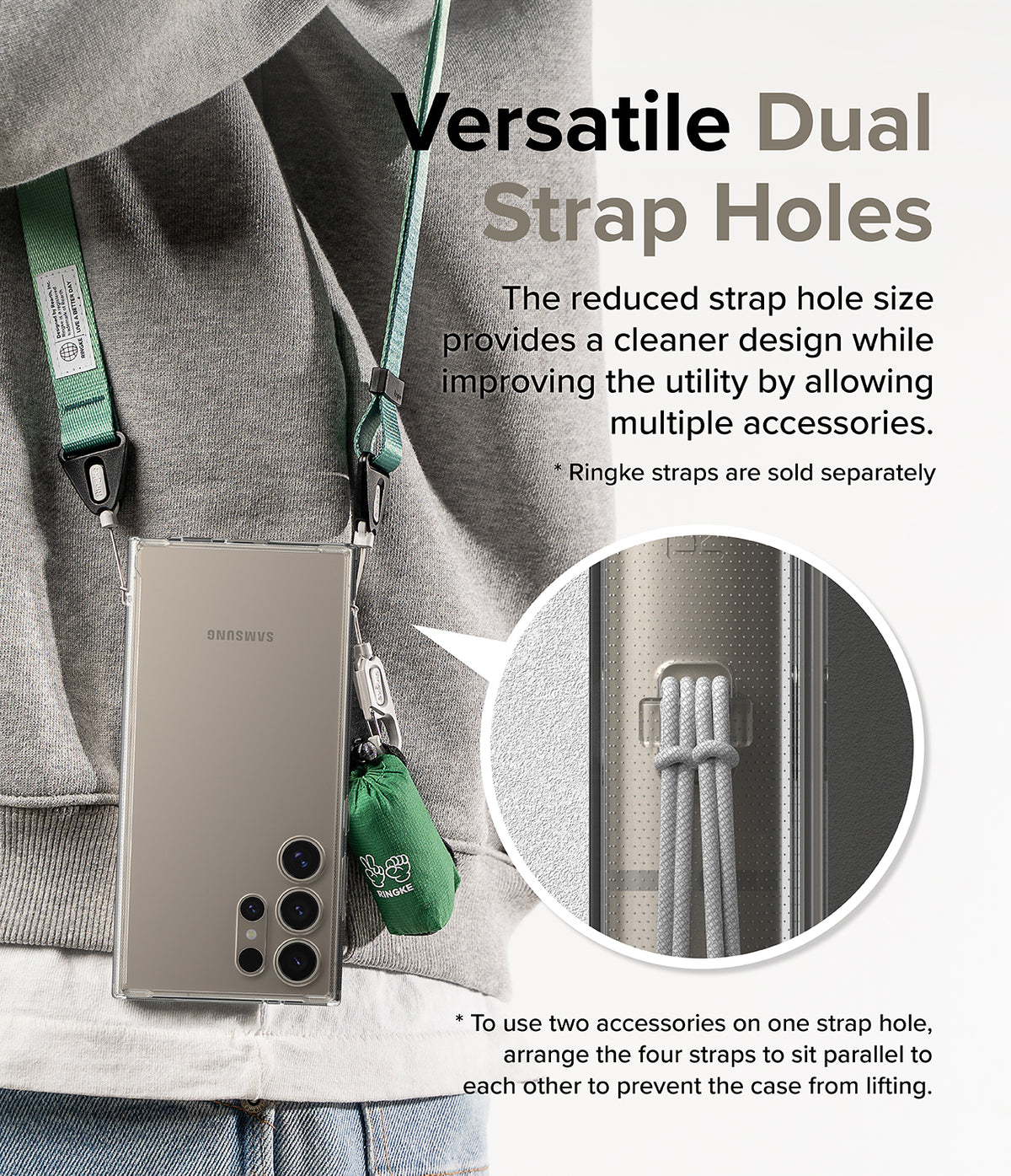 Galaxy S24 Ultra Case | Fusion - Clear phone case with dual strap holes attached to a lanyard and accessory.