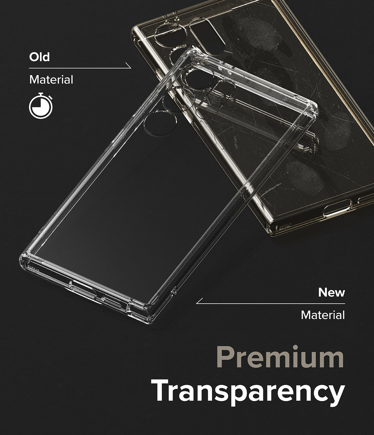 Galaxy S24 Ultra Case | Fusion - Comparison of a yellowed old phone case and a clear new premium material case.