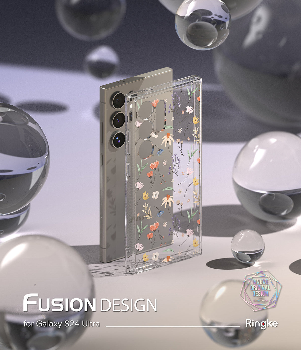 Galaxy S24 Ultra Case | Fusion Design - Clear phone case with delicate floral print on a Galaxy S24 Ultra amidst glass orbs.