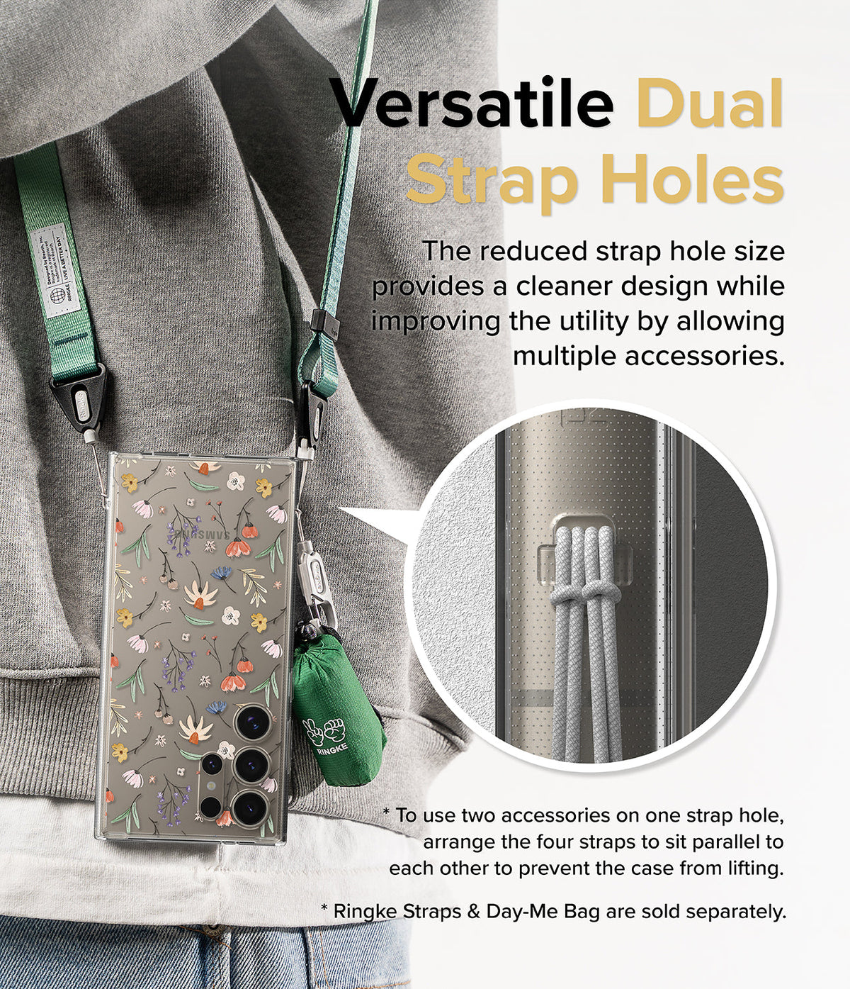 Galaxy S24 Ultra Case | Fusion Design - Floral phone case with dual strap holes holding a green strap and accessory bag.