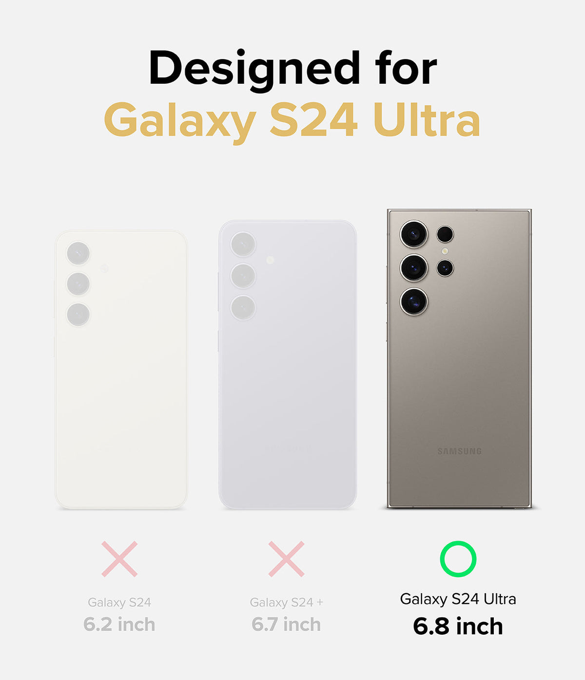 Galaxy S24 Ultra Case | Fusion Design - Comparison of S24, S24+, and S24 Ultra, highlighting the 6.8-inch Ultra model as the correct fit.