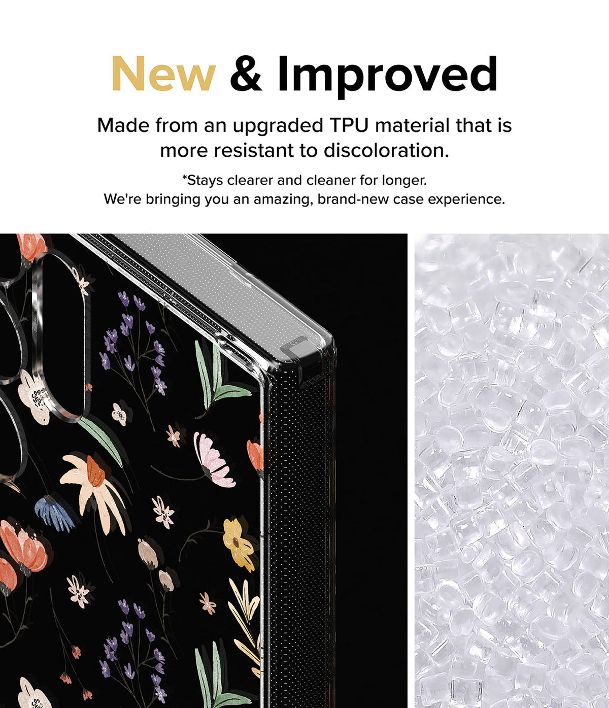 Galaxy S24 Ultra Case | Fusion Design - Floral phone case with clear TPU edges and a pile of raw plastic pellets.