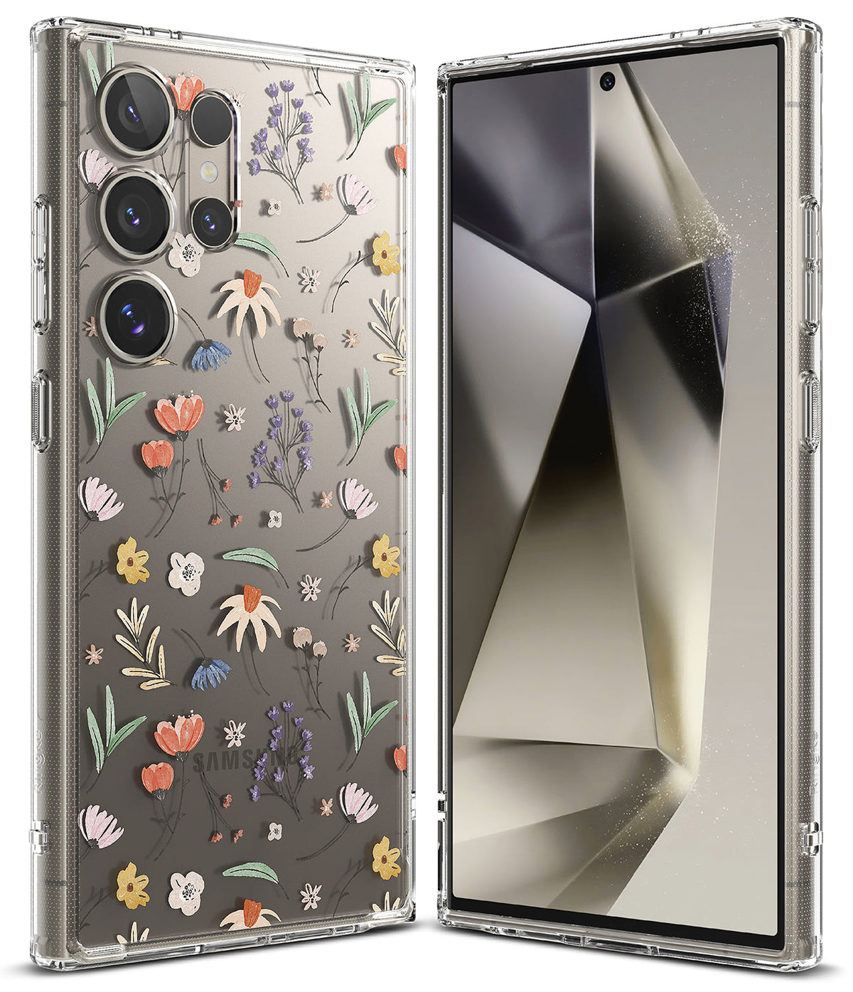 Galaxy S24 Ultra Case | Fusion Design - Clear phone case with a colorful floral pattern on the back and a front view.