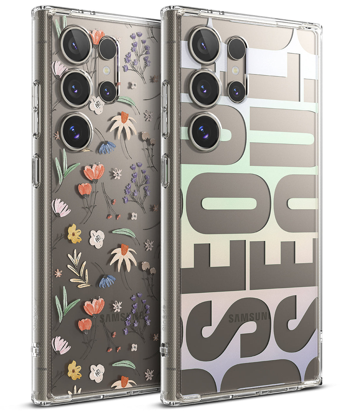 Galaxy S24 Ultra Case | Fusion Design - Two clear phone cases, one with floral patterns and one with bold SEOUL text.