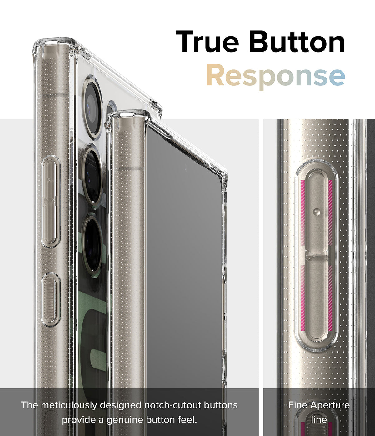 Galaxy S24 Ultra Case | Fusion Design - Clear phone case showing detailed notch-cutout buttons for tactile response.
