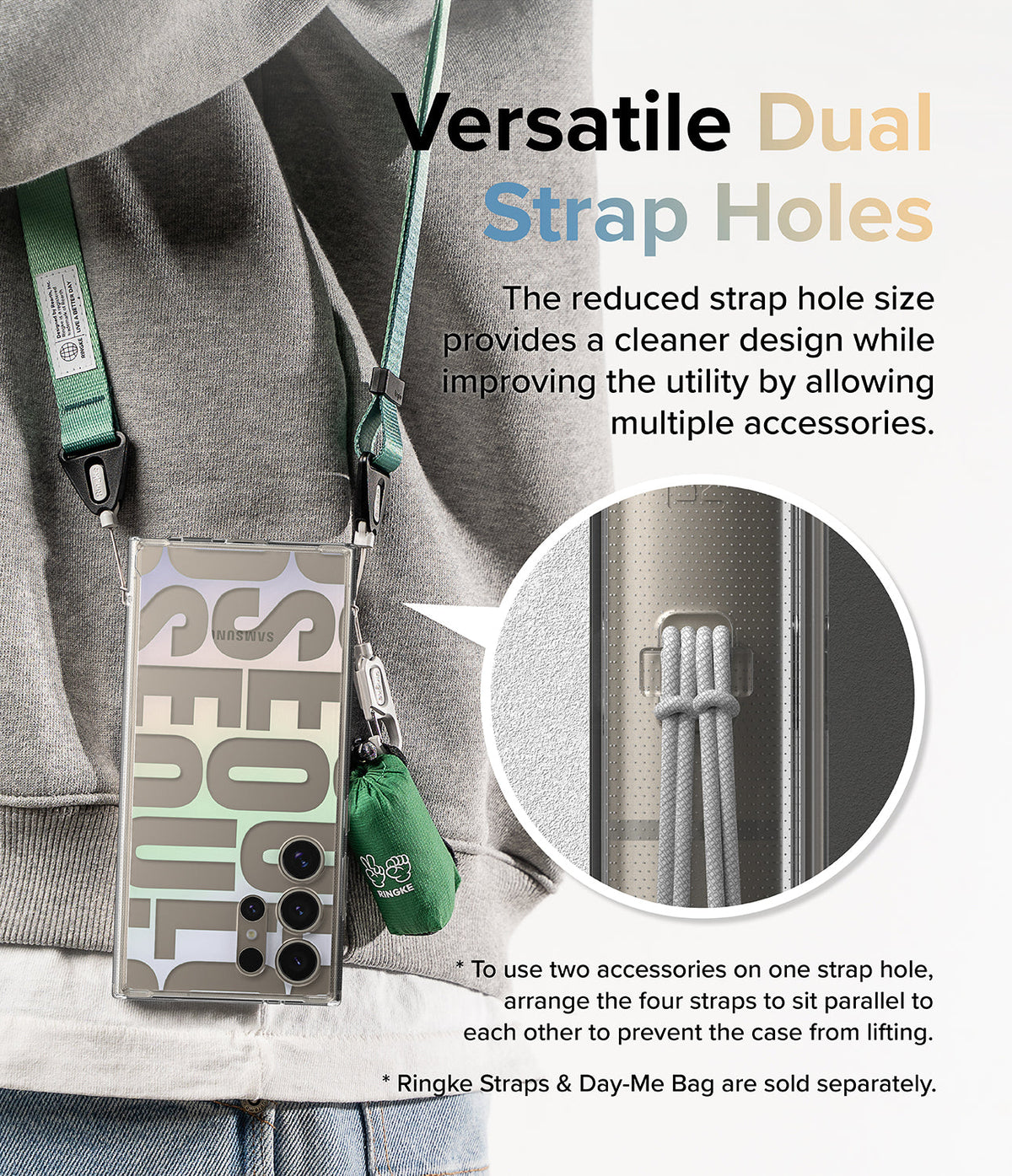 Galaxy S24 Ultra Case | Fusion Design - Phone case with dual strap holes holding a green lanyard and small accessory bag.
