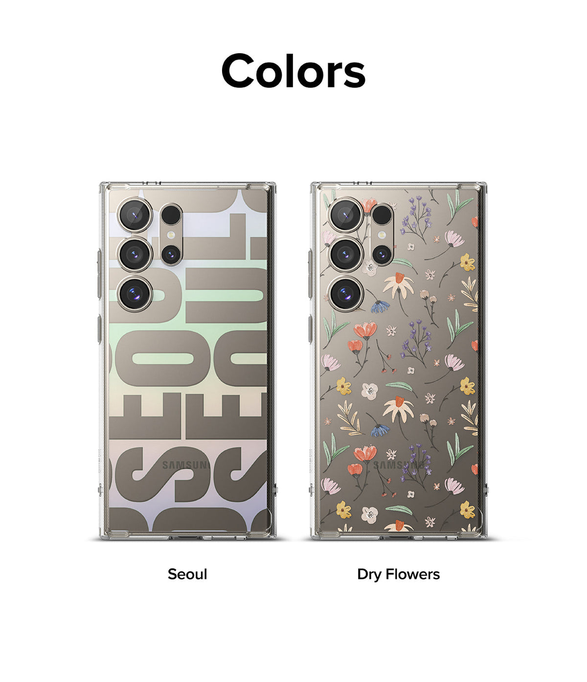 Galaxy S24 Ultra Case | Fusion Design - Two phone cases featuring Seoul typography and a dry flower pattern.