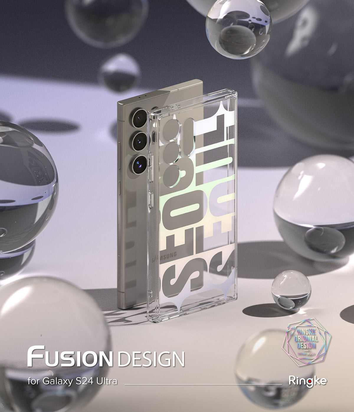 Galaxy S24 Ultra Case | Fusion Design - A clear phone case with iridescent text floating among glass spheres.