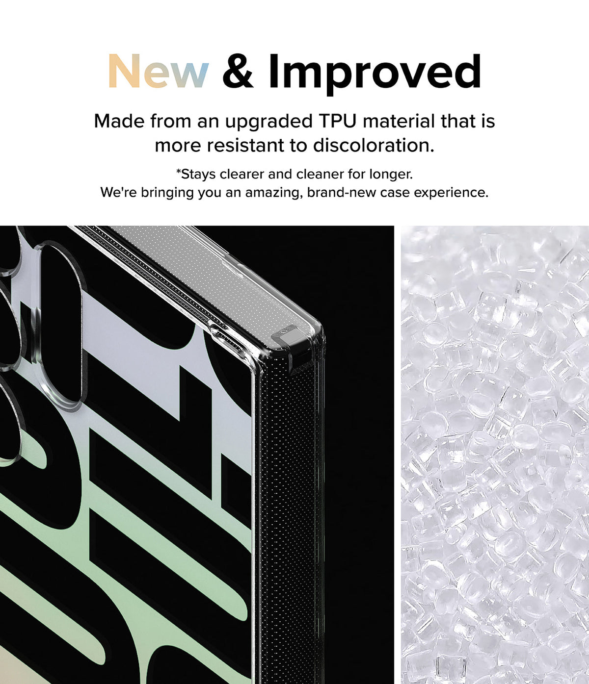 Galaxy S24 Ultra Case | Fusion Design - Close-up of a clear phone case corner next to a pile of raw TPU plastic pellets.