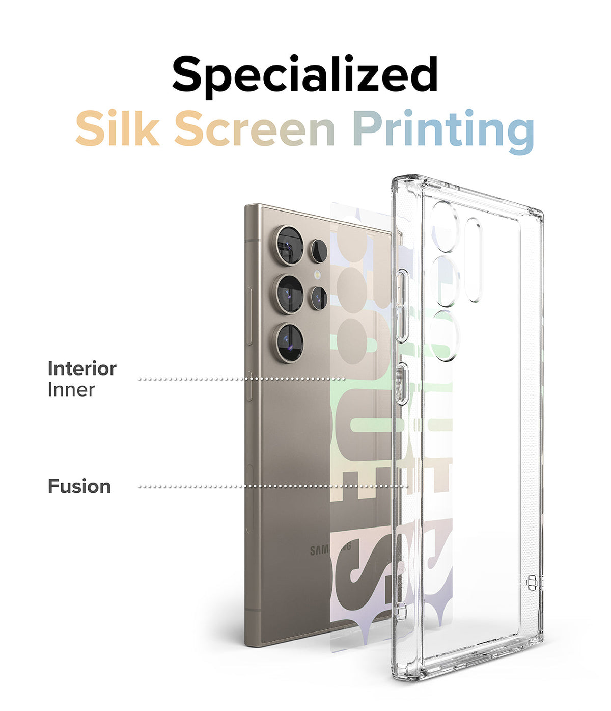 Galaxy S24 Ultra Case | Fusion Design - Exploded view showing a phone, a printed inner layer, and a clear protective case.