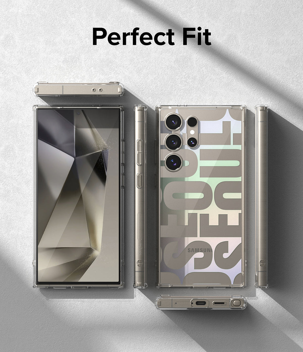 Galaxy S24 Ultra Case | Fusion Design - Clear phone case with Seoul typography on a Galaxy S24 Ultra, shown from all angles.