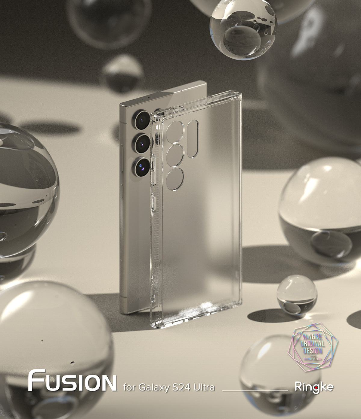 Galaxy S24 Ultra Case | Fusion Matte - A matte clear phone case standing next to a silver Galaxy S24 Ultra amidst floating glass spheres.