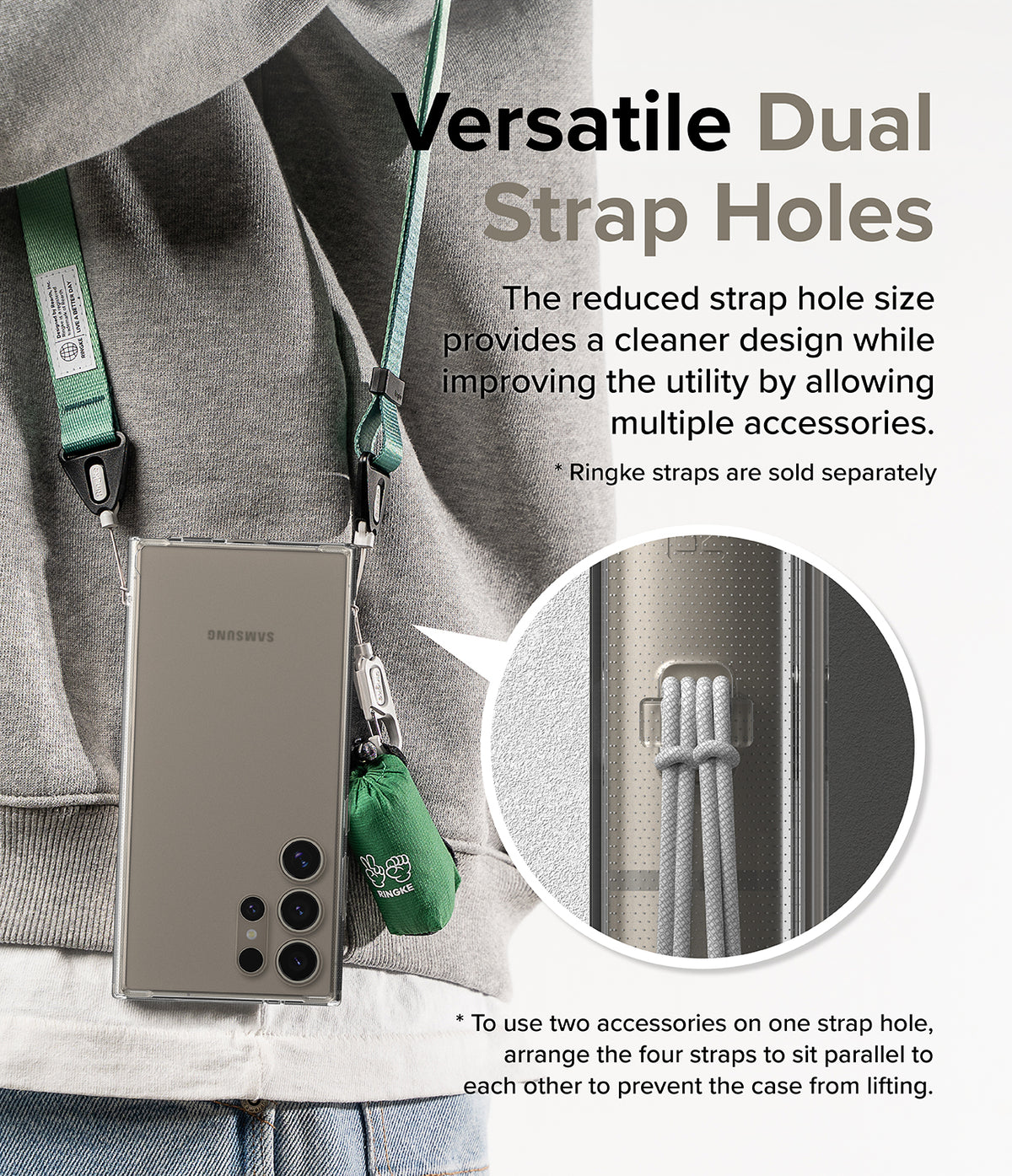 Galaxy S24 Ultra Case | Fusion Matte - Phone case with dual strap holes attached to a green lanyard and accessory.
