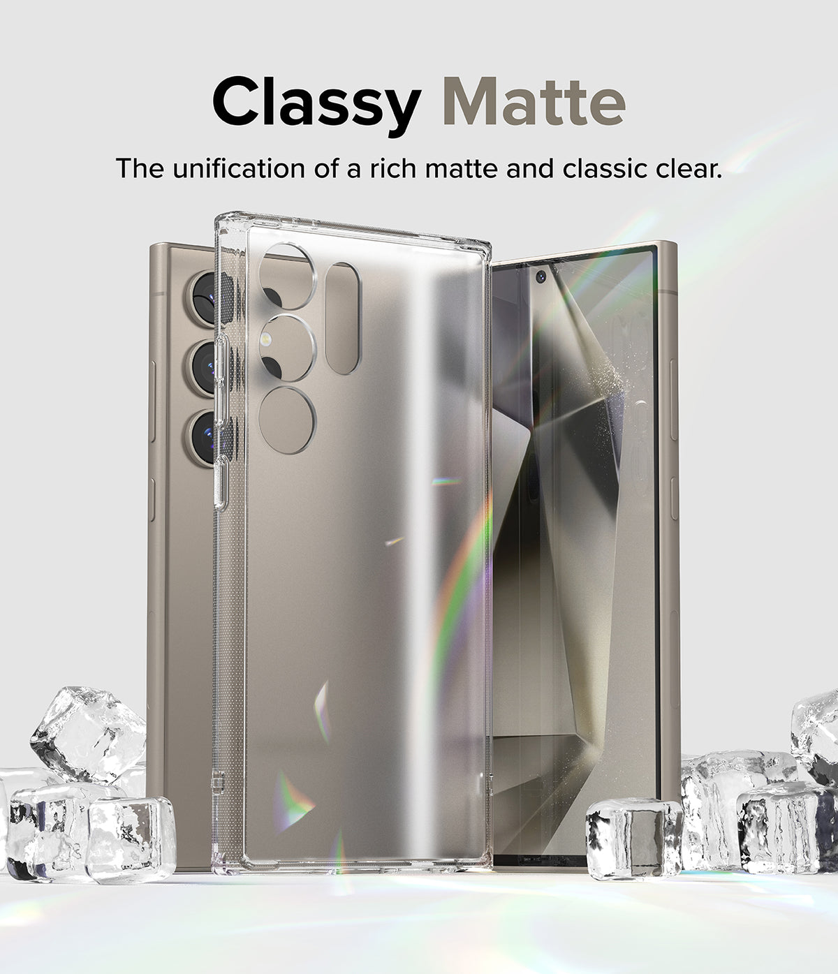 Galaxy S24 Ultra Case | Fusion Matte - A clear matte phone case standing in front of a smartphone, surrounded by ice cubes.