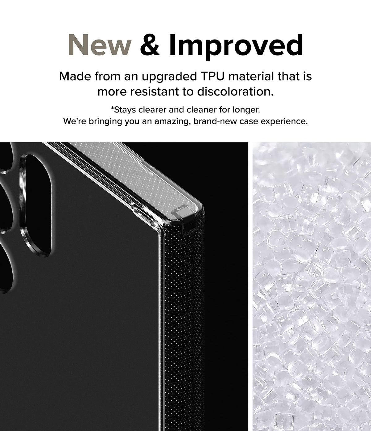 Galaxy S24 Ultra Case | Fusion Matte - Close-up of a clear phone case corner next to a pile of raw TPU plastic pellets.