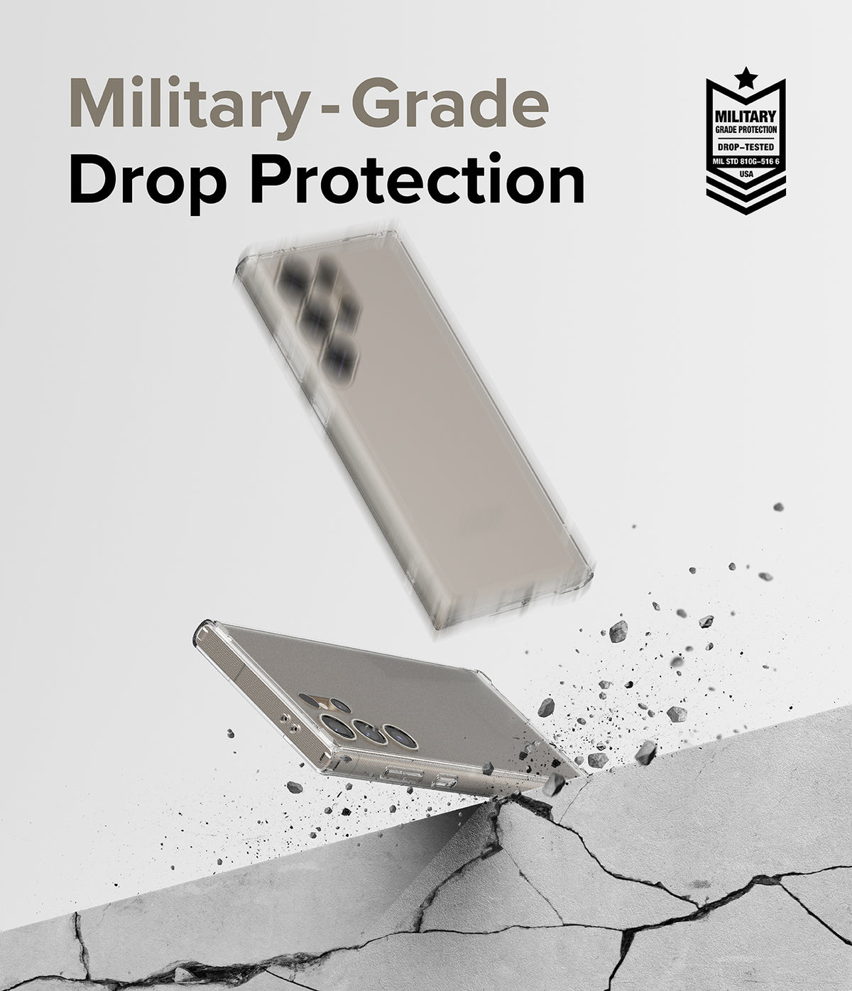 Galaxy S24 Ultra Case | Fusion Matte - Two phones in matte cases falling toward a cracked concrete surface with debris.