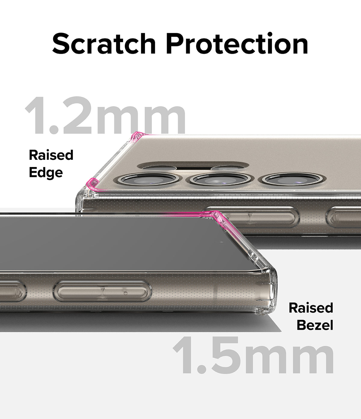 Galaxy S24 Ultra Case | Fusion Matte - Close-up of phone case showing 1.2mm raised edge and 1.5mm raised bezel for protection.