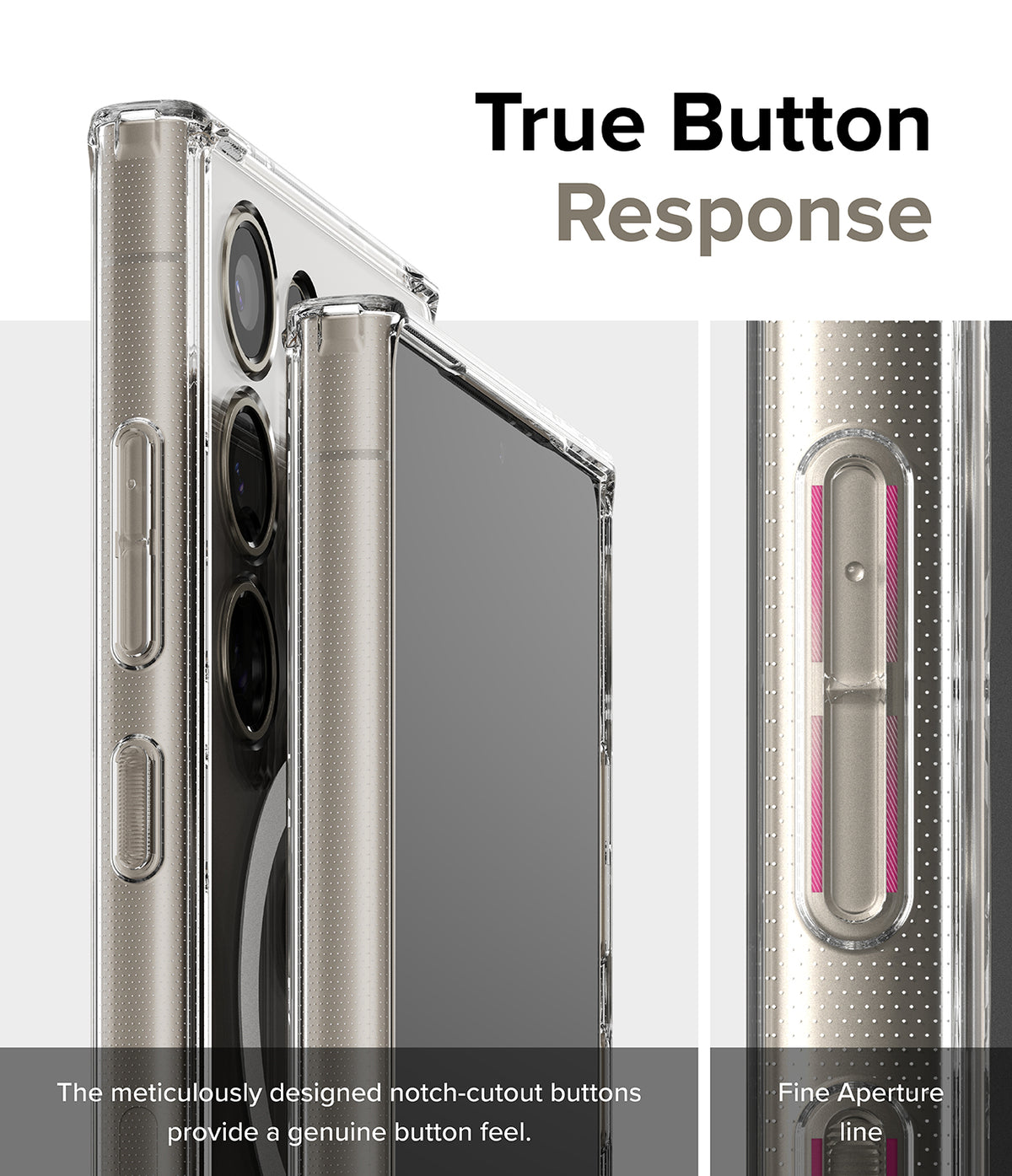 Galaxy S24 Ultra Case | Fusion Magnetic - Close-up of clear phone case buttons with notch-cutouts for tactile response.