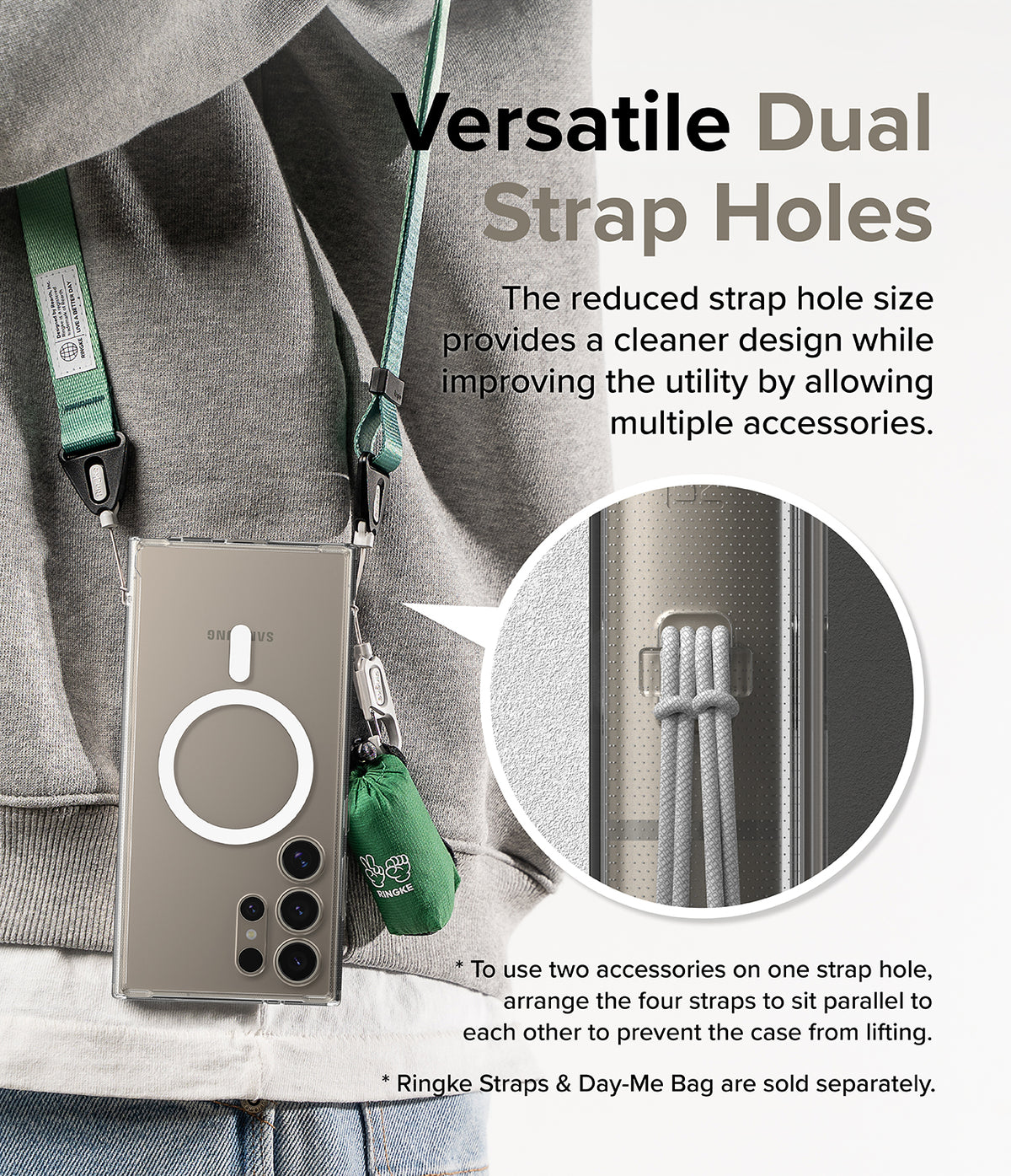 Galaxy S24 Ultra Case | Fusion Magnetic - Phone case with dual strap holes holding a green lanyard and small bag.