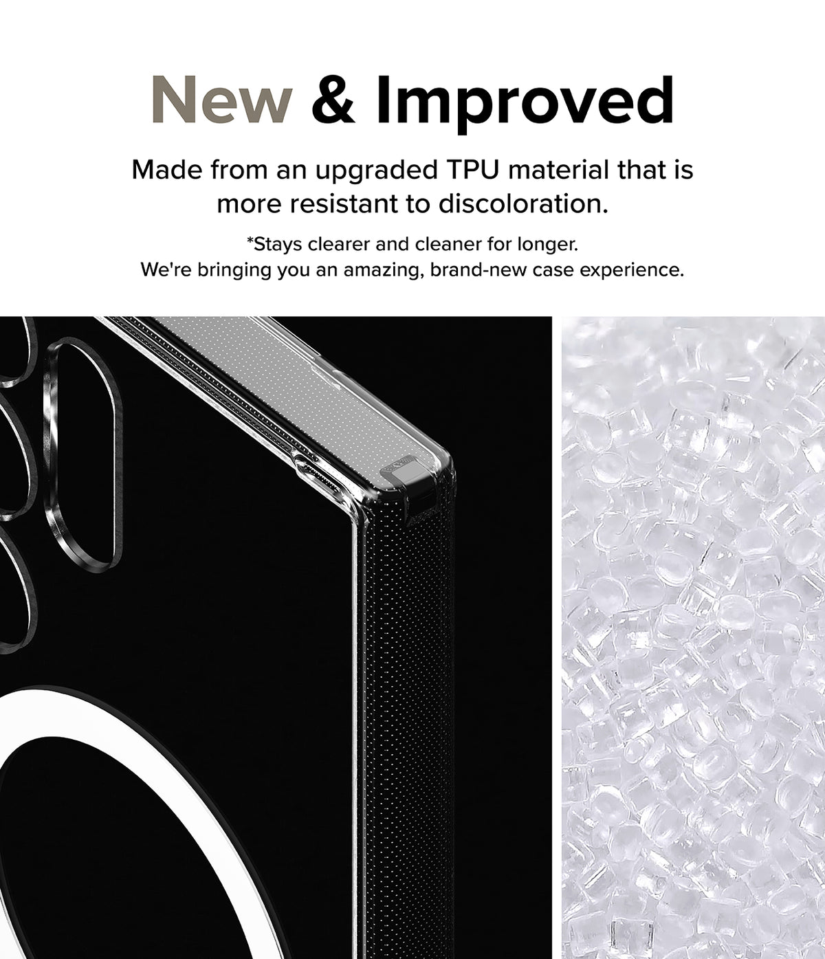 Galaxy S24 Ultra Case | Fusion Magnetic - Clear phone case edge and raw TPU material pellets on a black background.