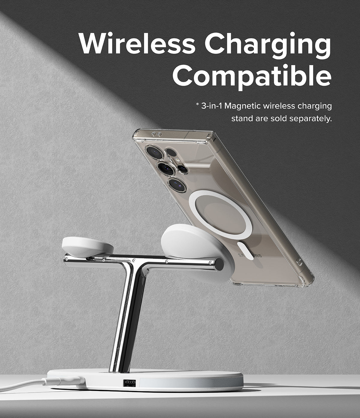 Galaxy S24 Ultra Case | Fusion Magnetic - Smartphone in a clear magnetic case mounted on a wireless charging stand.