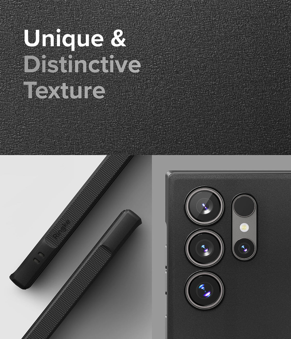 Galaxy S24 Ultra Case | Onyx - Close-up of a black phone case with a textured surface and camera lens cutouts.