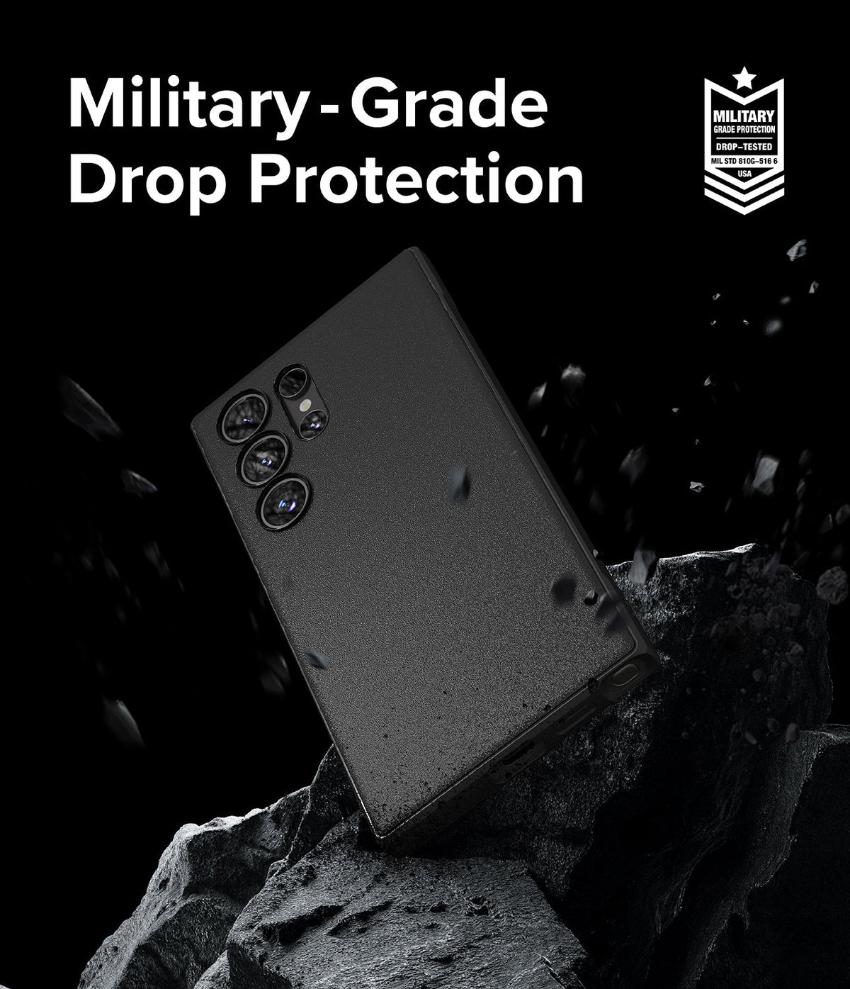 Galaxy S24 Ultra Case | Onyx - Black phone case floating above jagged rocks with military-grade drop protection text.