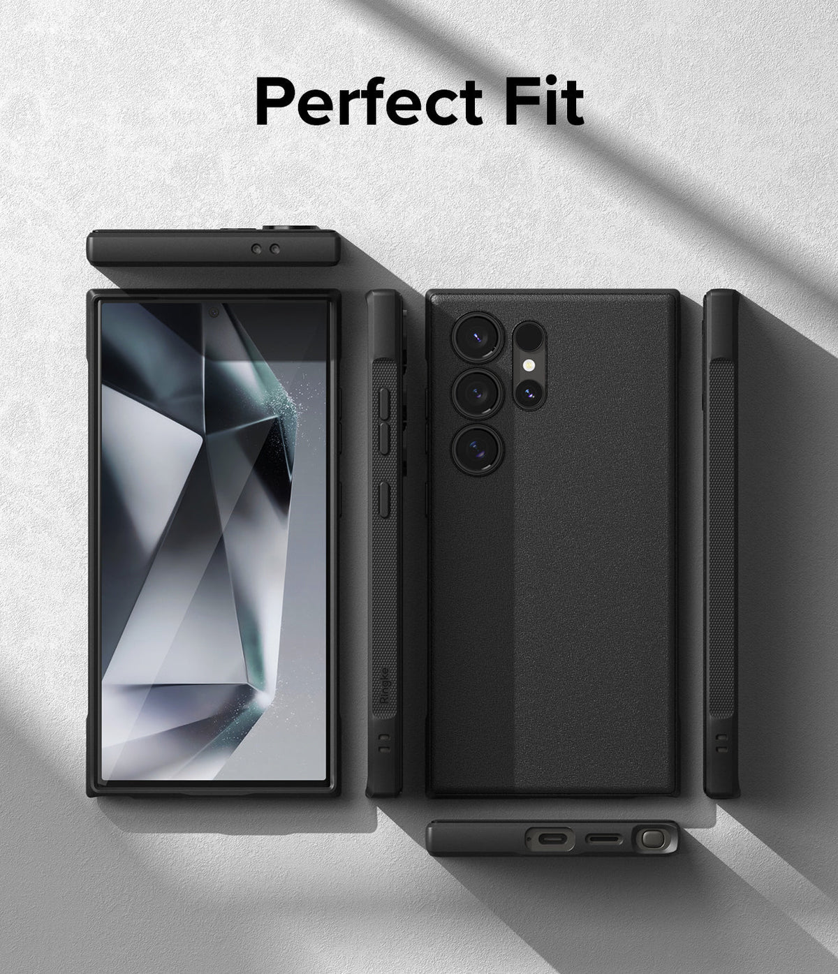 Galaxy S24 Ultra Case | Onyx - Multiple views of a black phone case showing front, back, and side profiles on a gray background.